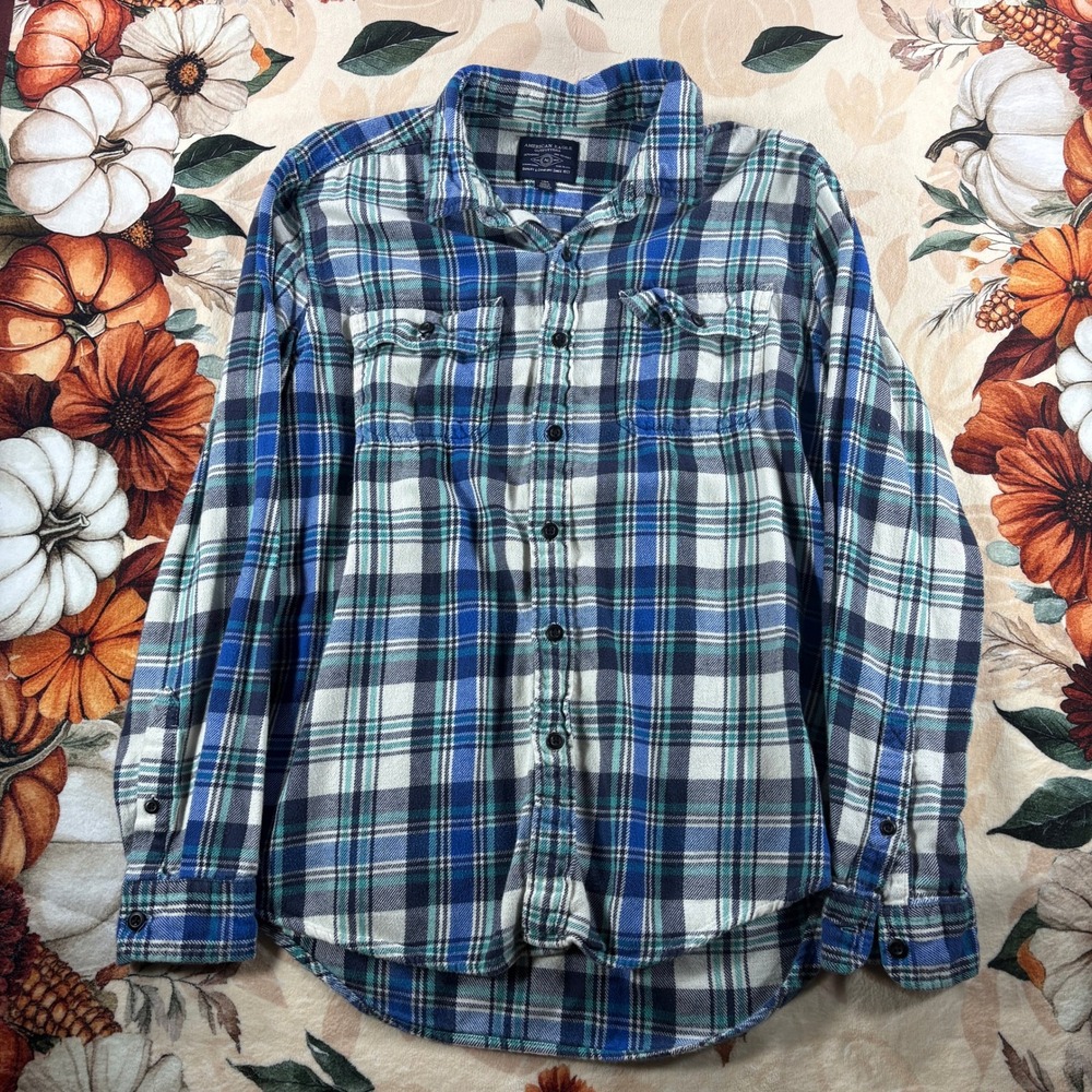 American Eagle Mens L Button Front Blue Green Plaid Flannel Shirt Long Sleeve